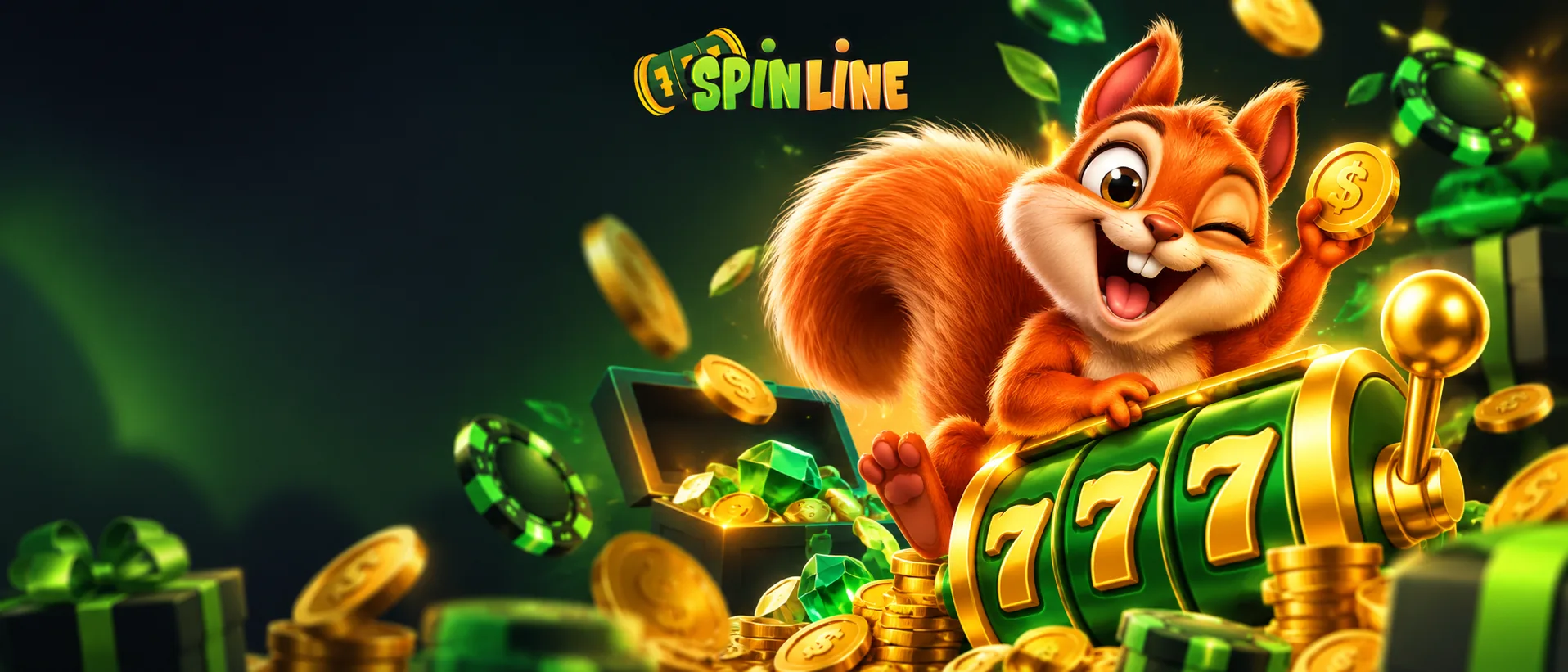 Spinline squirrel with casino slot machine and coins